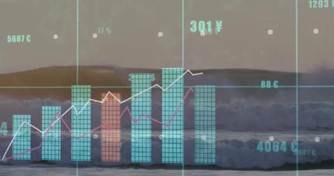 Vertical video: Animating bar chart over beach, data feed sending updates, Stock Footage 330463142