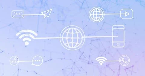 Vertical video: Animating central globe icon showing network links to smartphone Illustrazione stock