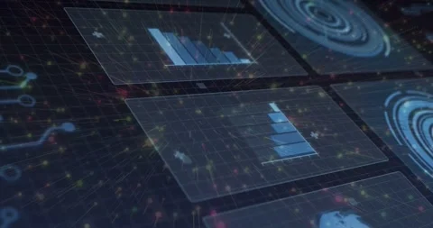 Vertical video: Animating clear panels showing rising blue bars over grid for Stock Footage 331198020