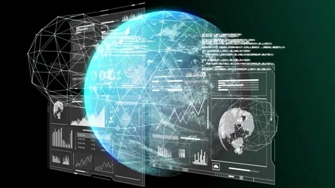 Vertical video: Animating Earth rotating on start in hub for displaying data via Stock Footage 332867172
