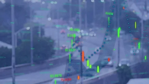 Vertical video: Animating highway at dusk as data appear, plotting trends with Stock Footage 333968055