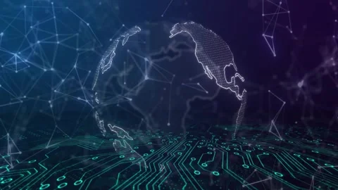 Vertical video: Animating hologram globe sharpening, rotating over PCB floor, Stock Footage 330676522