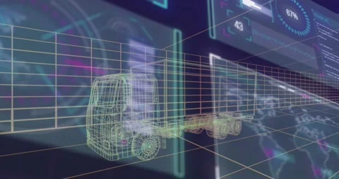 Vertical video: Animating neon wireframe truck moving on grid floor, updating Stock Footage 332316255