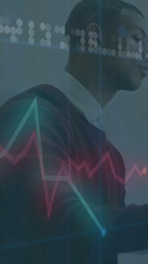 Vertical video: Animating stacked bars, causing man leaning and studying data in Stock Footage 331198957