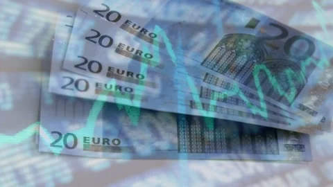 Vertical video: Animating teal graph driving 20€ notes fanning, centering on Stock Footage 331198163