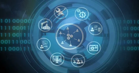 Vertical video: Animating two gears sparking center 3-gear hub on tech UI, Stock Footage 331198157
