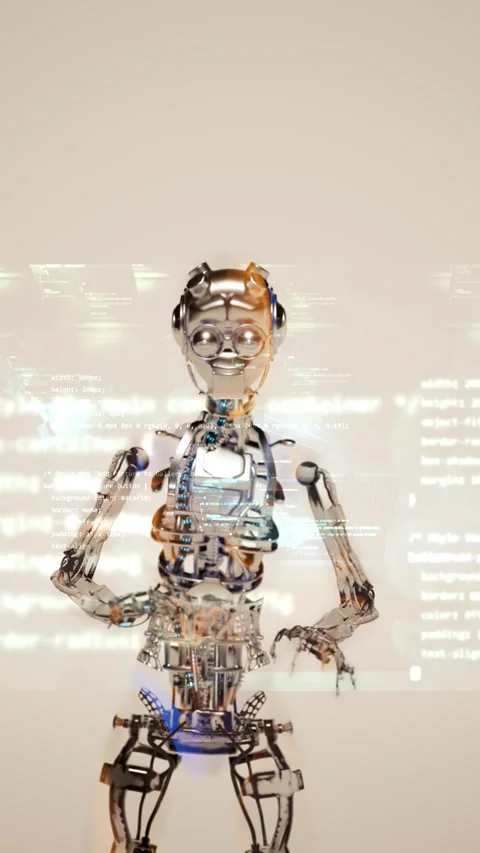 Vertical video animation with 3d render robot humanoid working on code Stock Footage 268238415