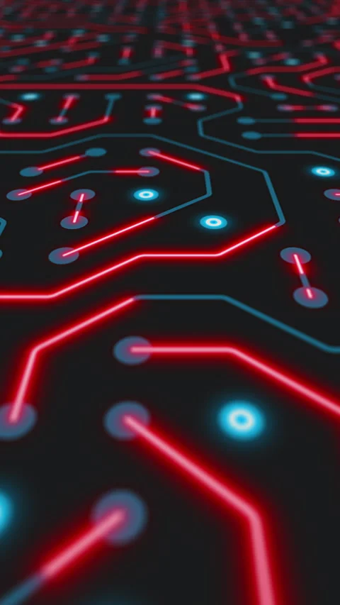 Vertical video animation of a printed circuit board in blue and red. Stock Footage 309014001