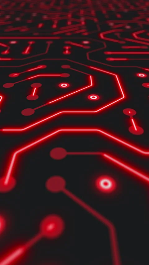 Vertical video animation of a printed circuit board in red on a dark background. Stock Footage 309015482