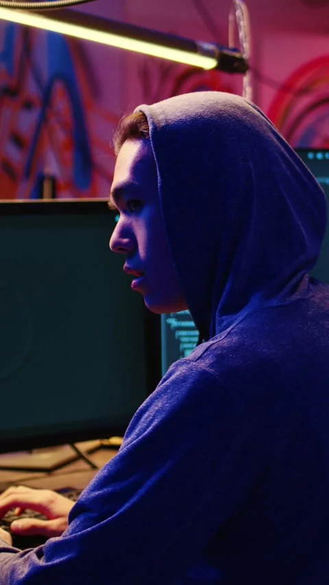 Vertical video Anxious hacker hiding in bunker Video stock 255202444