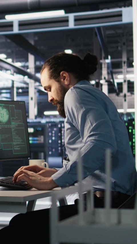 Vertical video Anxious technicians in data center reacting to system lockdown Stock Footage 309487612