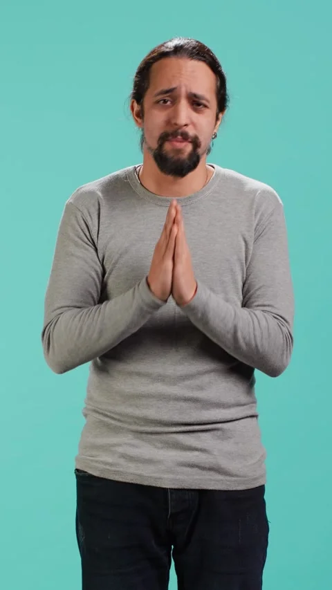 Vertical video Apologetic person doing sorry gesturing, asking for pardon Stock Footage 314515515