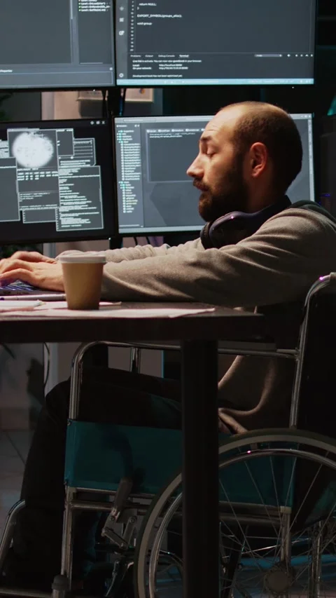 Vertical video: App developer with physical disability working on IT software Stock Footage 220336869