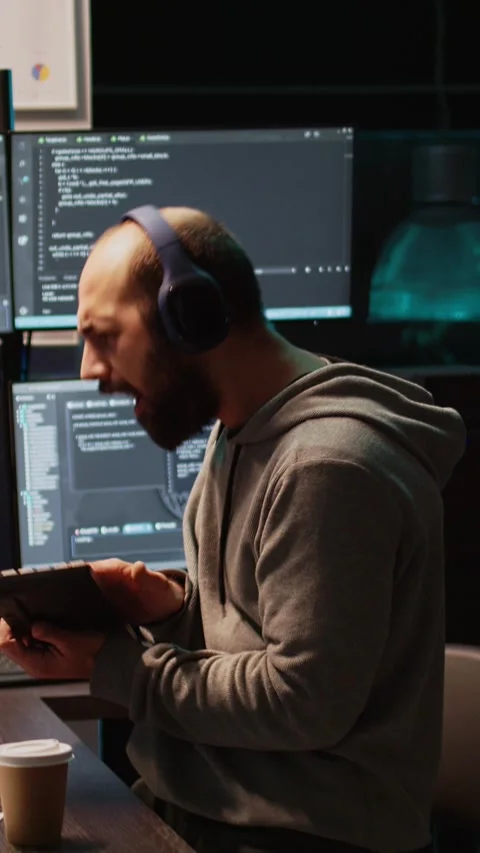 Vertical video: App developer playing air guitar in coding office Stock Footage 220334009