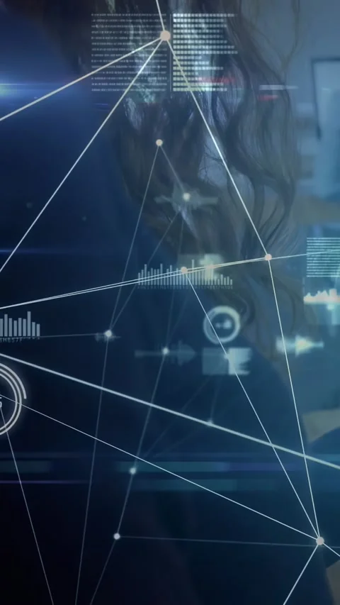 Vertical video: App sending data stream while woman left getting AR overlay Stock Footage 331047378