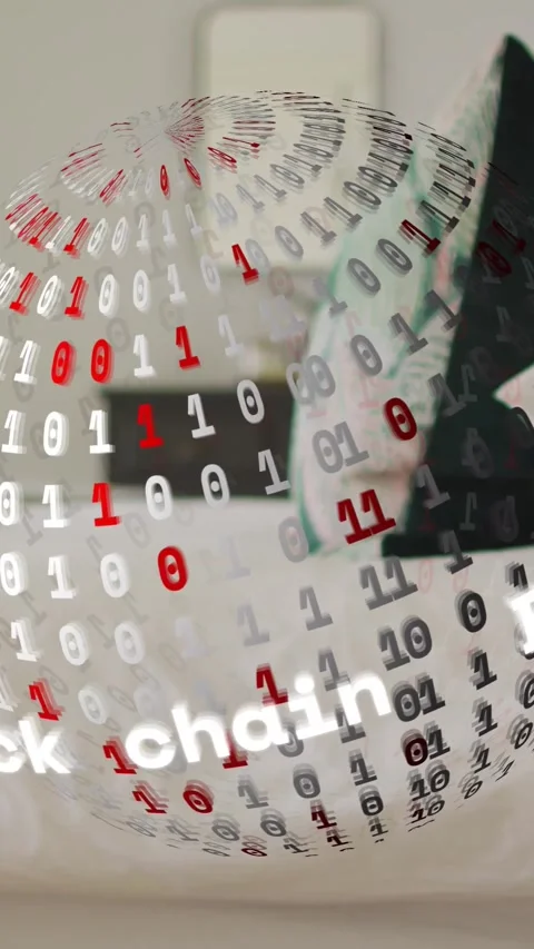 Vertical video: App start blockchain globe turning, showing room and user with Stock Footage 329128491