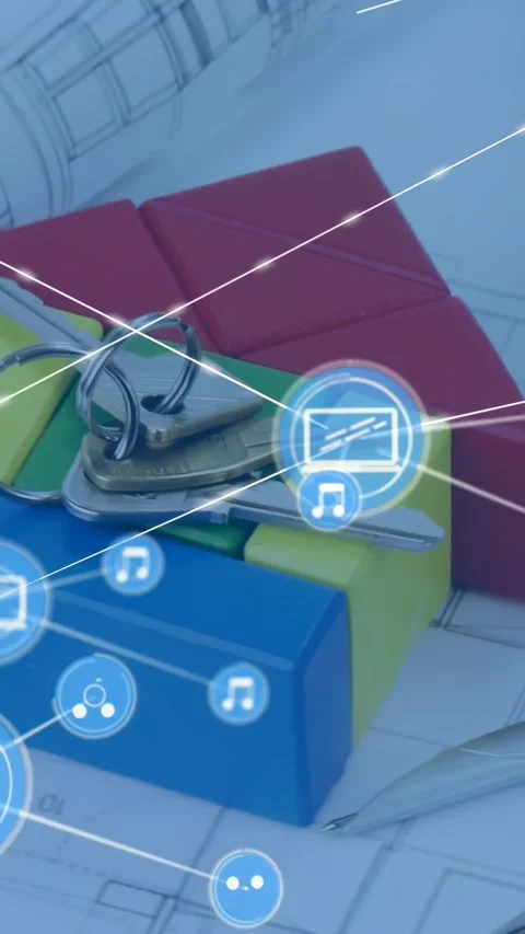 Vertical video: Appearing AR node building network on plans desk, mapping linked Stock Footage 331199264