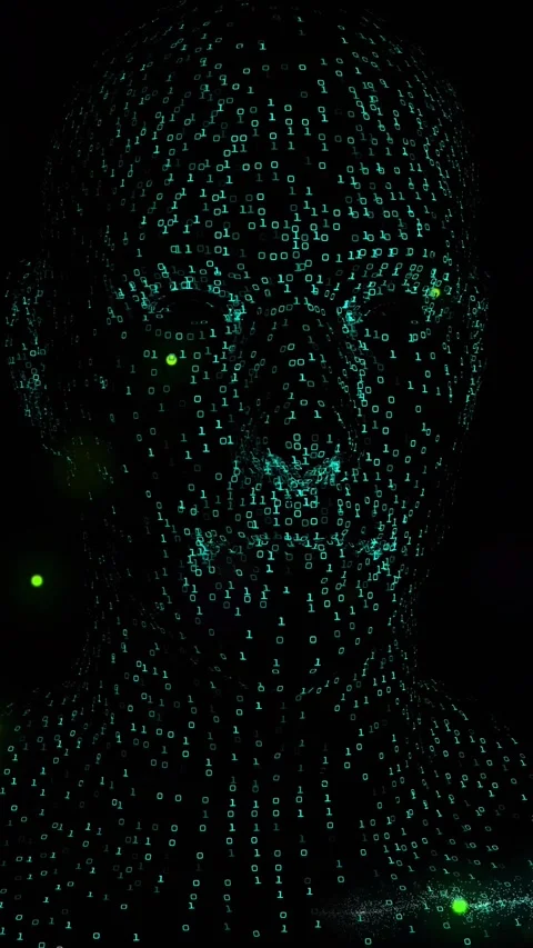 Vertical video: On appearing, binary-digit bust pulsing and rotating to reveal Stock Footage 329552756