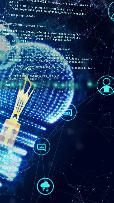 Vertical video: On appearing bulb globe rotating and glowing while icons pulse Stock Footage 334423403