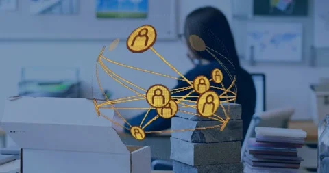 Vertical video: Appearing golden network rotating over desk at office, boxes Stock Footage 331165607