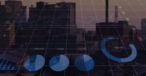 Vertical video: Appearing, grid driving data overlay over dusk city, animating Stock Footage 331198104