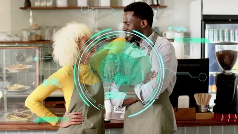 Vertical video: Appearing HUD, two baristas in aprons stepping in, resting arm, Stock Footage 334120532