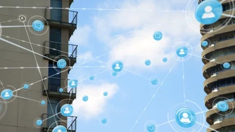 Vertical video: Appearing node spawning network between towers, linking Vídeo Stock 333968269