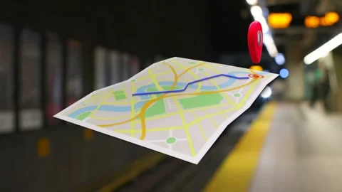 Vertical video: Appearing paper map tracing blue route to red pin over metro Vídeo Stock 332315404