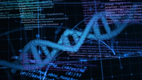 Vertical video: Appearing right 3D DNA helix moving, rotating in grid code nodes Stock Footage 332380743