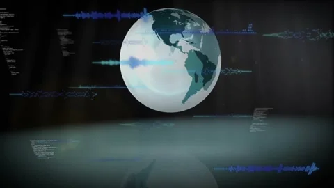 Vertical video: Appearing teal white globe growing, rotating on virtual stage, Stock Footage 331169430