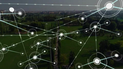 Vertical video: Appearing white node sparking network growing over park path, Stock Footage 331349735