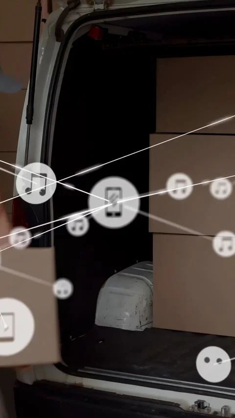 Vertical video: Approaching van, driver lifting box for delivery while animated Stock Footage 331199360
