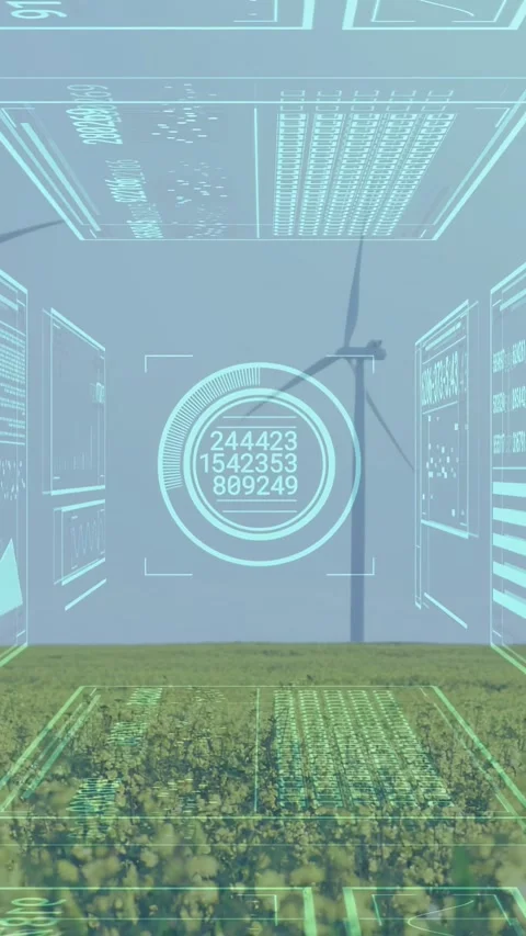 Vertical video: AR HUD popping over crop, monitoring turbines as gauges cycling Stock-Footage 332806503