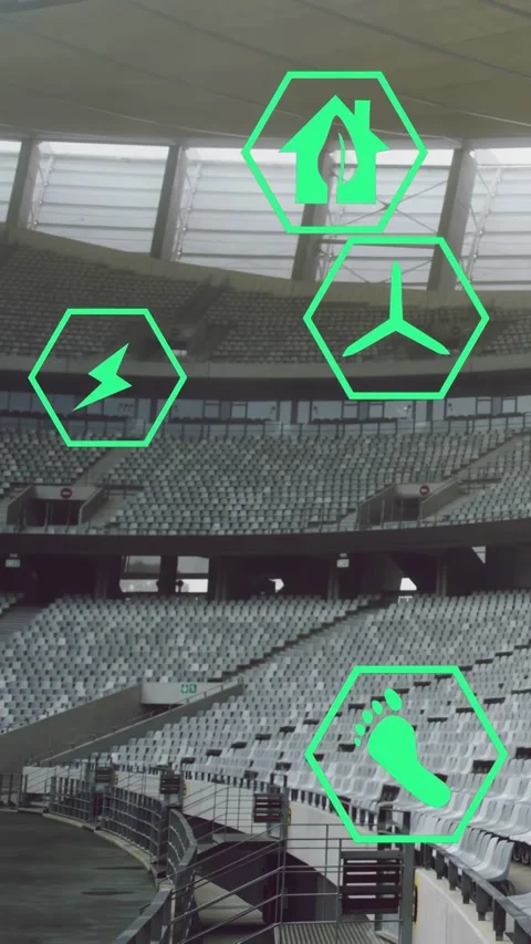 Vertical video: AR icons appearing over empty stands, pulsing and shifting to Stock Footage 333596420