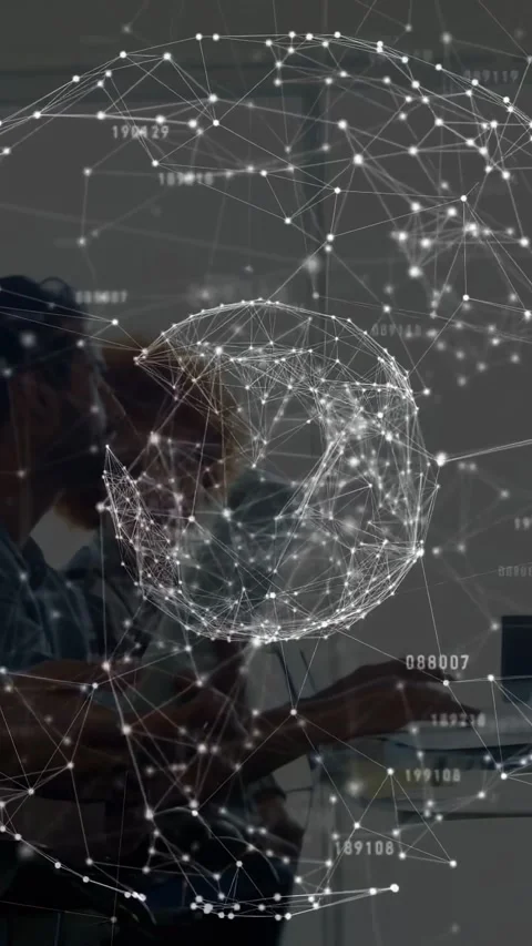 Vertical video: AR network sphere forming and morphing above table, team using Stock Footage 334540610