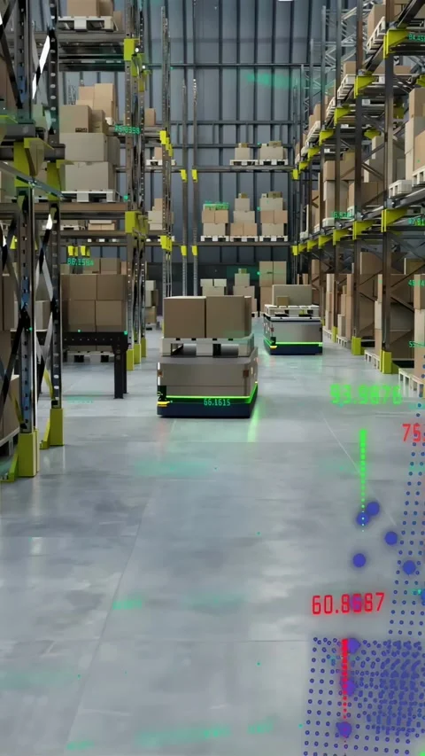 Vertical video: AR overlay appearing, AMR moving along magenta path while data Stock Footage 333632906