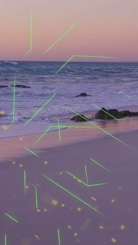 Vertical video: AR overlays appearing over sunset shore after pause, showing Stock Footage 334128051
