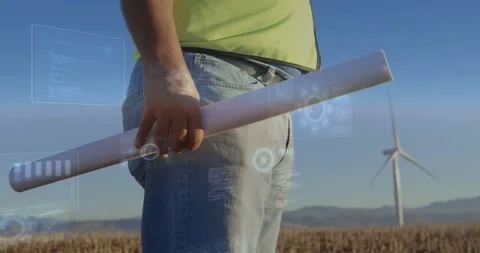 Vertical video: AR overlays appearing, tech in neon shirt adjusting plans tube, Stock Footage 334185325