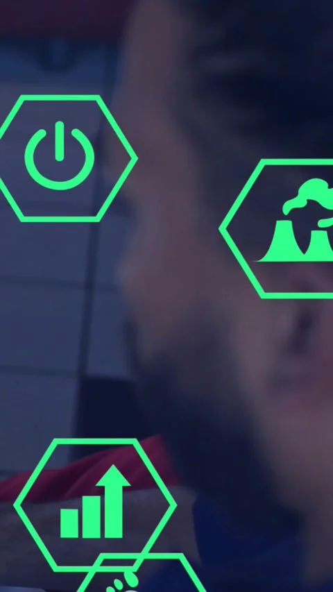 Vertical video: AR system overlaying neon hex icons while adult male adjusting Stock Footage 330509616
