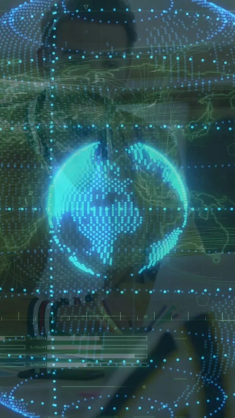 Vertical video: AR tech showing data man staying still as rotating dotted globe Stock Footage 334319322