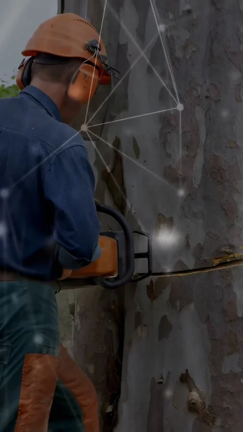 Vertical video: Arborist bringing chainsaw to marked line, cutting trunk, Stock Footage 332335400