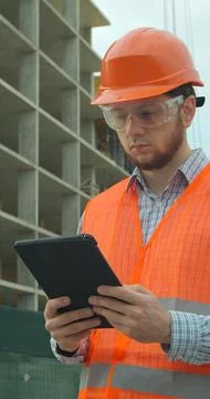 Vertical video. Architect analyzing project plan on construction site with to Stock Photos