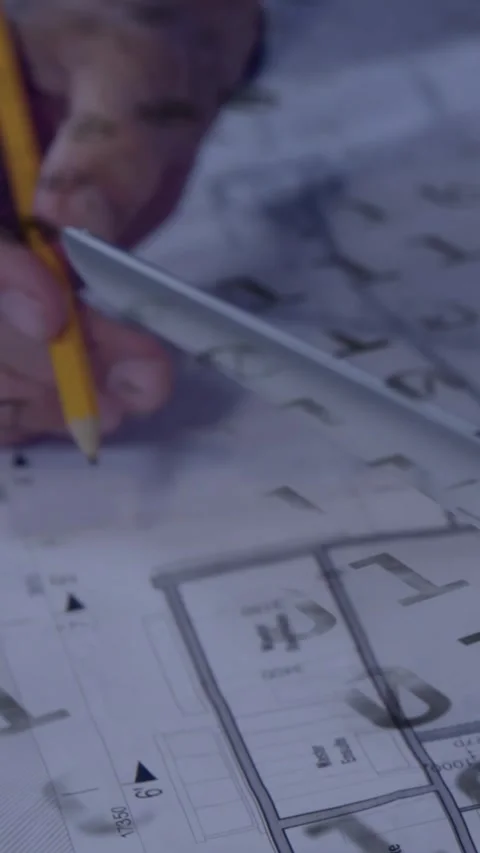 Vertical video: Architect hand entering marking plans with yellow pencil using Stock Footage 329552365