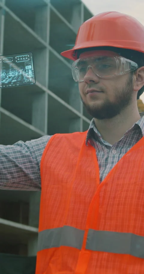 Vertical video. Architect or Engineer using smartphone transparent hologram Stock Footage 345504588