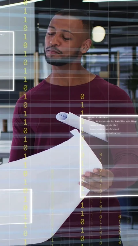 Vertical video: Architect responding offscreen, scanning plans, rotating sheet Stock Footage 335513889