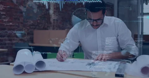 Vertical video: Architect tracing plans, sparking HUD centering overhead while Stock Footage 331197836