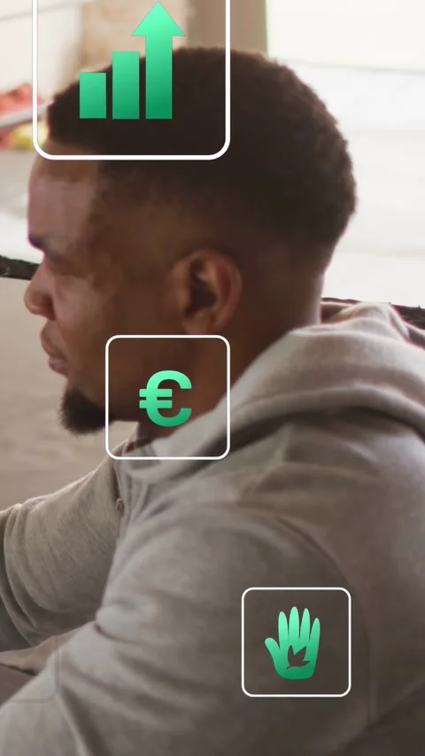 Vertical video: Arm drop appearing, starting UI icons stacking and rising as man Stock Footage 332869156