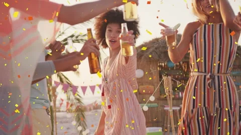 Vertical video: Arms joining urging lead woman pink dress lifting bottle on Stock Footage 333211519