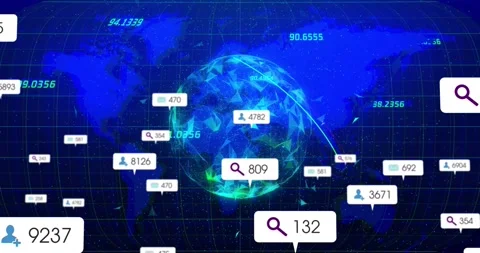 Vertical video: Arriving tags from edges driving globe on map showing rising Stock Footage 331197983