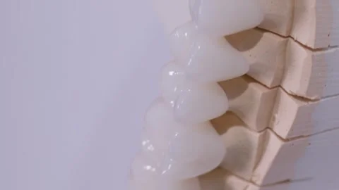 Vertical video. Artificial jaw mold with dental crowns, rotating on white Video stock 263670300